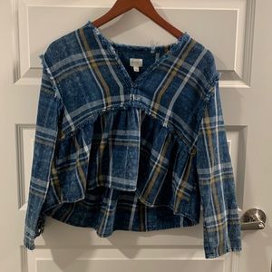 Size L Blue Plaid Cropped Women’s Shirt